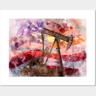 Pumpjack with American Flag silhouette watercolor Posters and Art